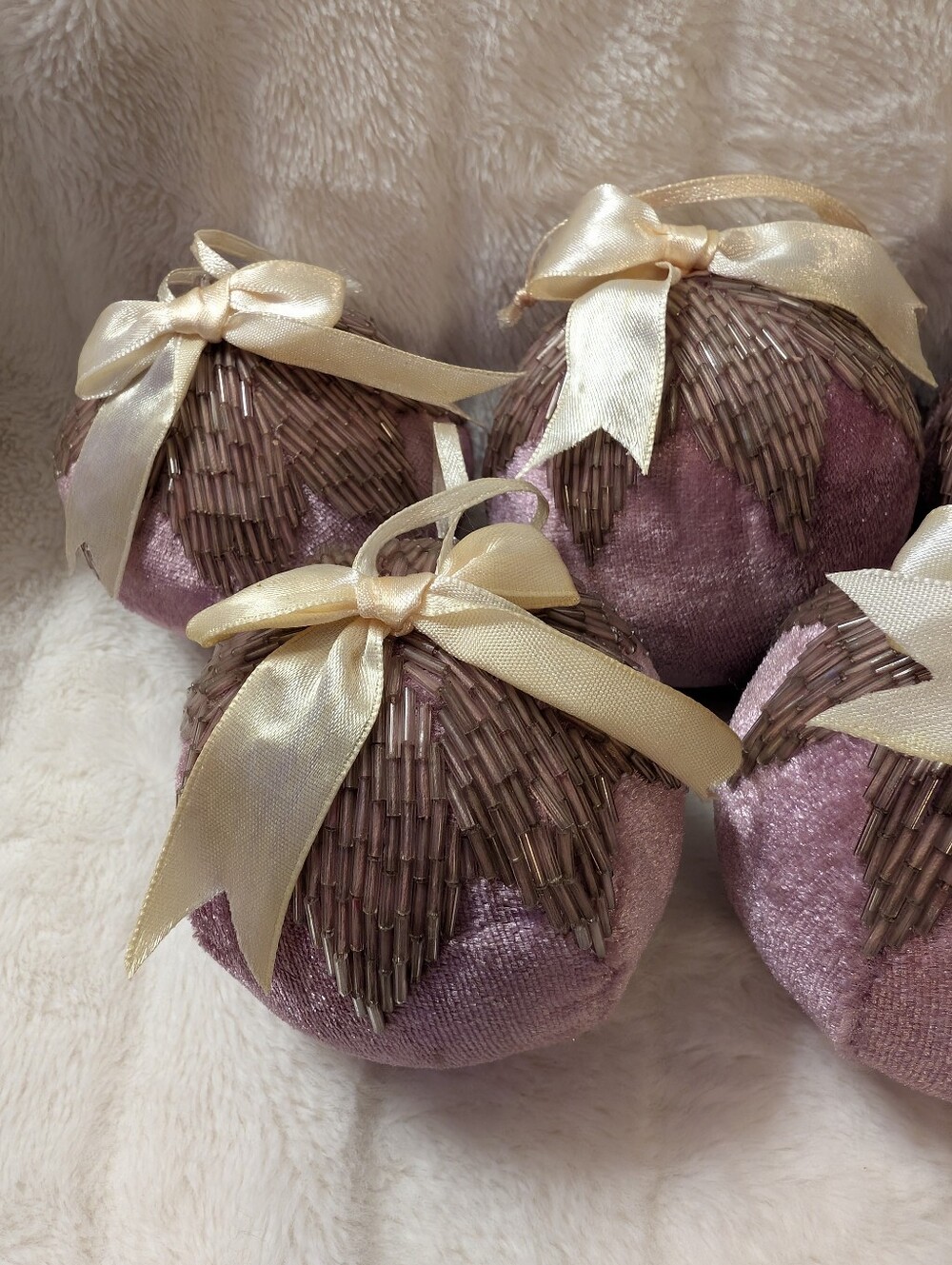 Decorative Purple Velvet 8 Piece Ornaments with Hand Beaded Detailing And Ribbon